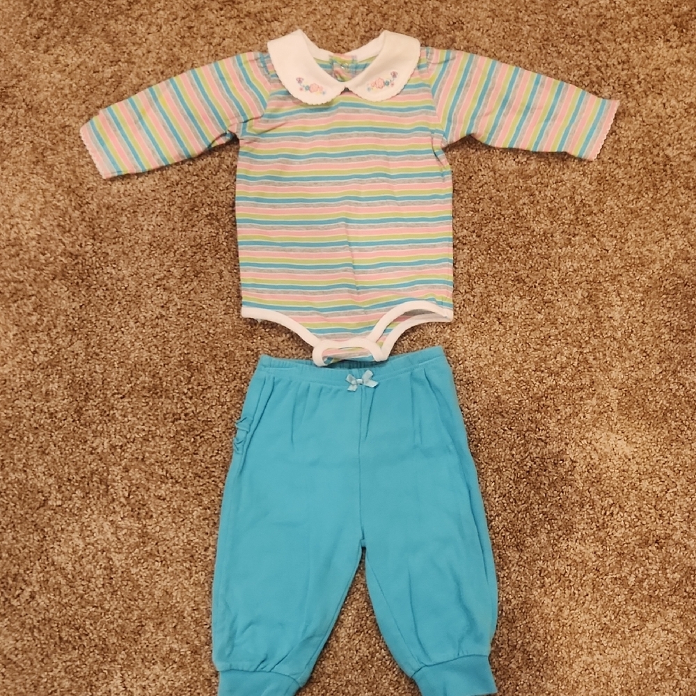 Okie Dokie 2 Piece Striped Baby Onesie and Blue Pants Set, Size 6-9 Months